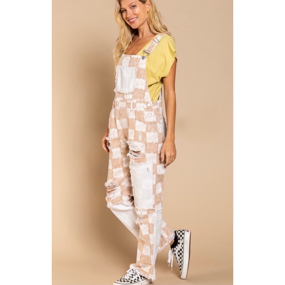 POL Tan & White Checkerboard Patched Distressed Overalls - Picture 3 of 7